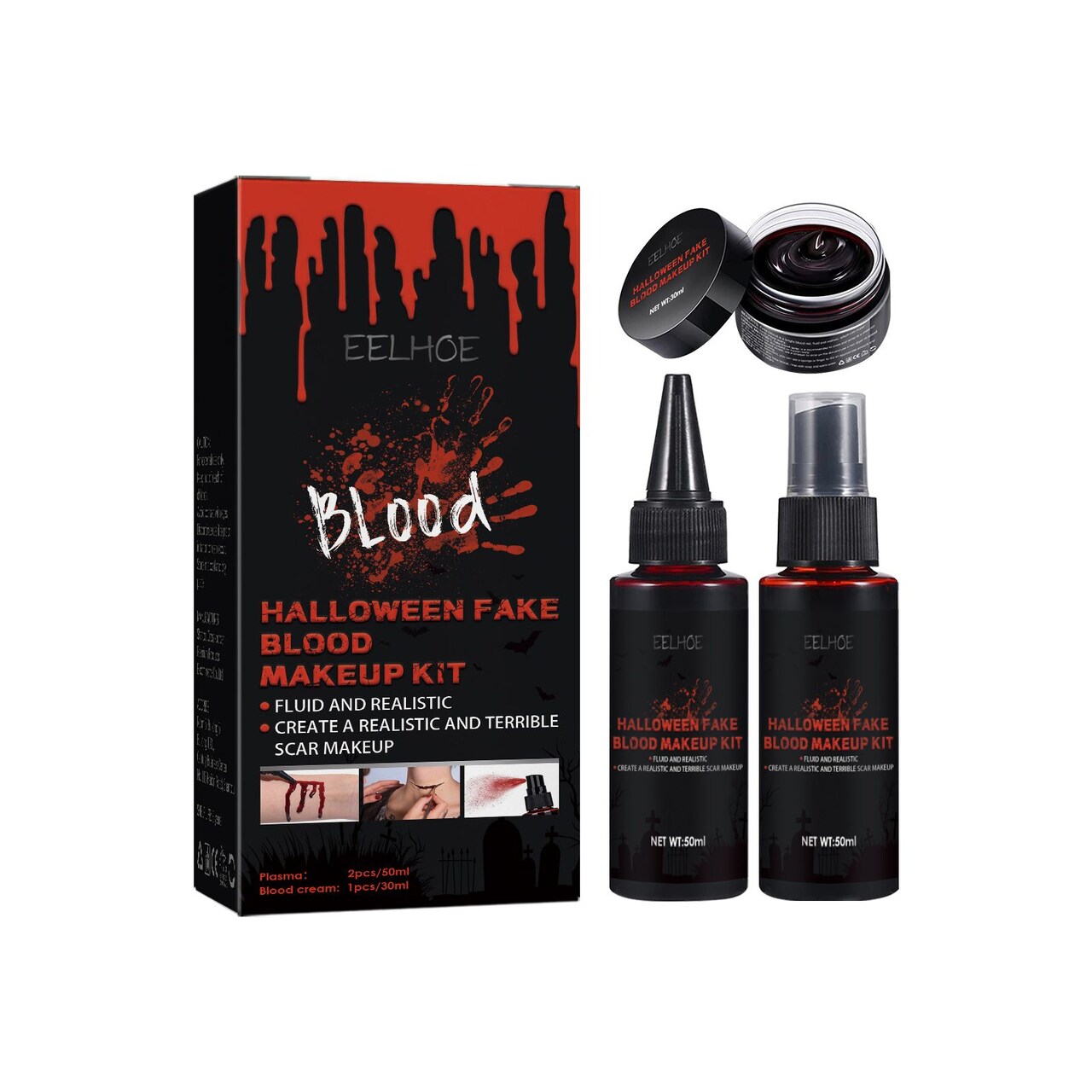 EELHOE Halloween Fake Blood Makeup Set, Scary Atmosphere Realistic Skin Wax Fake Blood Special Effects Makeup Set